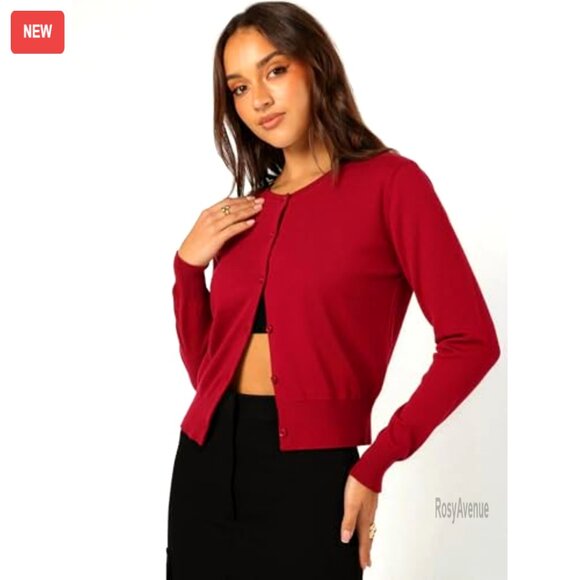 Cropped Cardigan Sweater Long Sleeve Crewneck Knit Button Up Lightweight Shrug - Picture 3 of 7